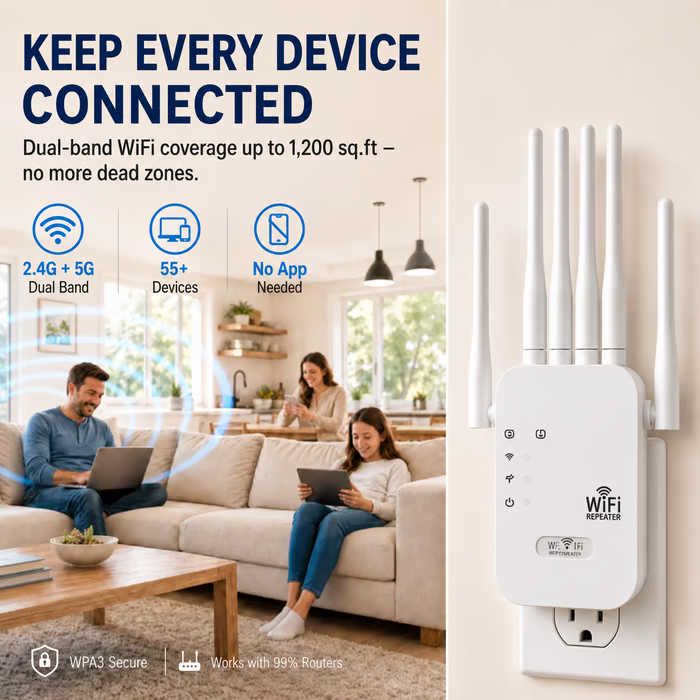 📶WiFi Dead Zone Killer – 1200 Sq Ft Ultra-Fast Extender