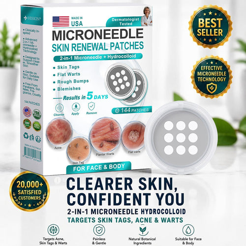 Hiskin ® 2-in-1 Microneedle & Hydrocolloid Patch👨‍⚕️ | Removes raised moles, acne, flat warts, and skin tags | Helps improve wrinkles, scars, and blemishes | Invisible patches for face and body💖