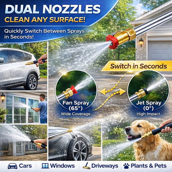 🔫 High Pressure Hose Nozzle – 18" Metal Wand, 2 Nozzles, Easy Connect