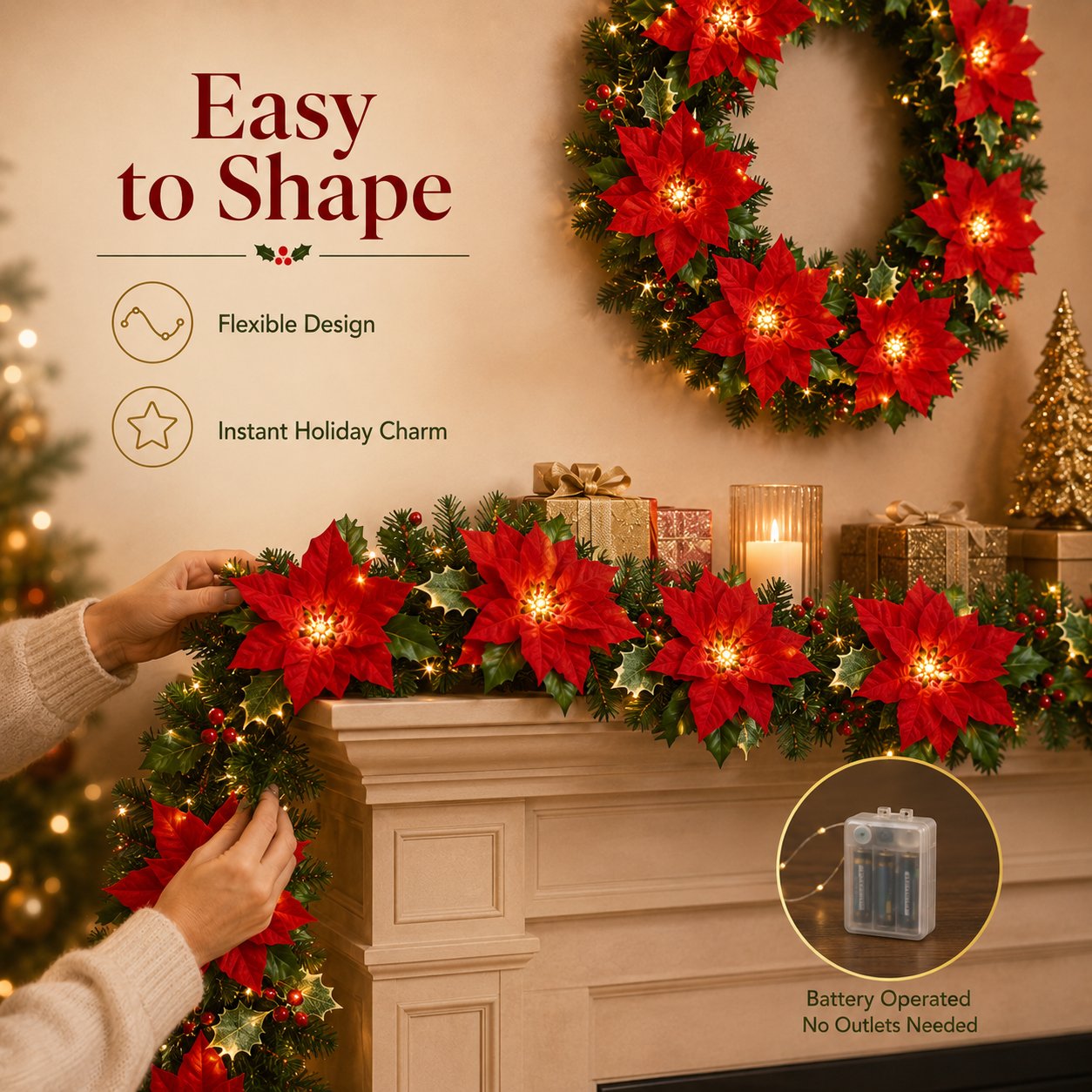 🎄✨ Christmas Poinsettia LED Garland String Lights