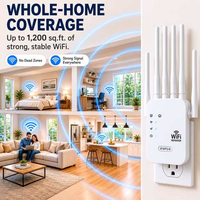 📶WiFi Dead Zone Killer – 1200 Sq Ft Ultra-Fast Extender