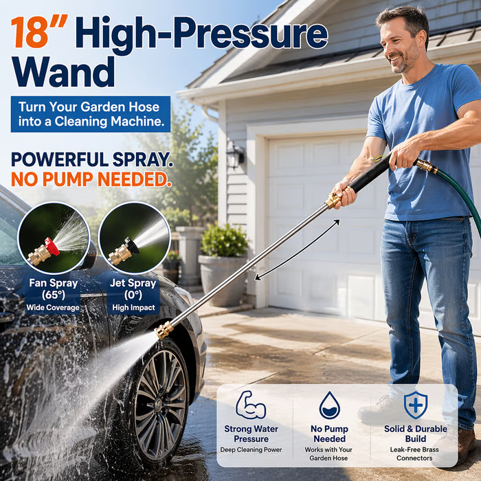 🔫 High Pressure Hose Nozzle – 18" Metal Wand, 2 Nozzles, Easy Connect
